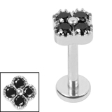 Titanium Internally Threaded Labrets 1.2mm - Titanium Jewelled Vintage Clover Titanium, Titanium / 1.2mm, 9mm / Jet Black