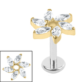 Titanium Internally Threaded Labrets 1.2mm - Titanium Jewelled Catherine Wheel 1.2mm, 7mm / Polish Ti Labret / Gold Ti Jewel, Crystal Clear