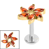 Titanium Internally Threaded Labrets 1.2mm - Titanium Jewelled Catherine Wheel 1.2mm, 9mm / Polish Ti Labret / Gold Ti Jewel, Garnet
