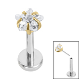 Titanium Threadless Labrets - Titanium (Bend-fit) Claw Set CZ Jewelled Star 1.2mm, 5mm (4mm) / Gold Titanium / Crystal Clear