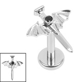 Titanium Internally Threaded Labrets 1.2mm - Titanium Jewelled Bat Wing Dagger 1.2mm, 5mm / Mirror Polish,Mirror Polish Titanium / Jet