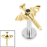 Titanium Internally Threaded Labrets 1.2mm - Titanium Jewelled Bat Wing Dagger 1.2mm, 10mm / Mirror Polish, Gold Titanium / Jet