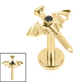 Titanium Internally Threaded Labrets 1.2mm - Titanium Jewelled Bat Wing Dagger 1.2mm, 8mm / Gold Titanium,Gold Titanium / Jet