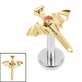 Titanium Internally Threaded Labrets 1.2mm - Titanium Jewelled Bat Wing Dagger 1.2mm, 5mm / Mirror Polish, Gold Titanium / Garnet