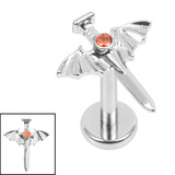 Titanium Internally Threaded Labrets 1.2mm - Titanium Jewelled Bat Wing Dagger 1.2mm, 6mm / Mirror Polish,Mirror Polish Titanium / Garnet