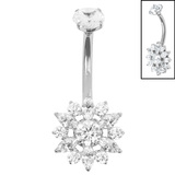 Belly Bar - Titanium Internal Double Jewelled Marquise Sunflower 1.6mm,10mm / Mirror Polish Titanium / Crystal Clear