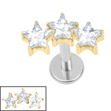 Titanium Internally Threaded Labrets 1.2mm - 3 Sisters Jewelled Stars Gold Titanium, Titanium / 1.2mm, 6mm / Crystal Clear