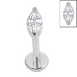 Titanium Internally Threaded Labrets 1.2mm - Titanium Single Jewelled Marquise 1.2mm, 9mm / Polish Ti Labret / Mirror Polish, Crystal Clear