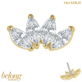 belong 14ct Solid Gold Threadless (Bend fit) Claw Set 4 CZ Jewelled Marquise Fan With 14k Solid Gold Threadless Labret / 1.0mm, 8mm