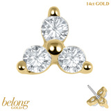 belong 14ct Solid Gold Threadless (Bend fit) Claw Set CZ Jewelled Trinity With 14k Solid Gold Threadless Labret / 1.0mm, 8mm / Crystal Clear