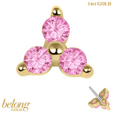 belong 14ct Solid Gold Threadless (Bend fit) Claw Set CZ Jewelled Trinity With 14k Solid Gold Threadless Labret / 1.0mm, 8mm / Pink