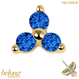 belong 14ct Solid Gold Threadless (Bend fit) Claw Set CZ Jewelled Trinity With 14k Solid Gold Threadless Labret / 1.0mm, 8mm / Sapphire Blue