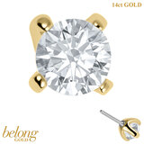belong 14ct Solid Gold Threadless (Bend fit) Claw Set Round CZ Jewel 4mm With 14k Solid Gold Threadless Labret / 1.0mm, 8mm / Crystal Clear