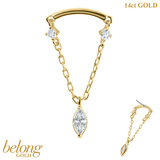 belong 14ct Solid Gold Threadless (Bend fit) Marquise Jewelled Loop Chain Bar With 14k Solid Gold Threadless Labret / 1.0mm, 8mm