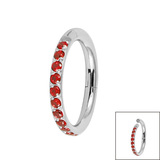 Titanium 1.2mm Pave Set Jewelled Edge Hinged Clicker Ring 1.2mm, 8mm, Mirror Polish with Garnet