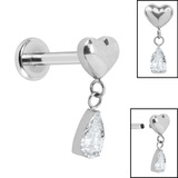 Titanium Internally Threaded Labrets 1.2mm - Titanium Heart with Teardrop Jewel - SKU 75376