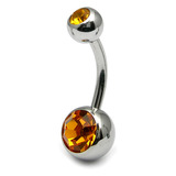 Steel Double Jewelled Belly Bar 6mm 1.6mm, 6mm, Amber