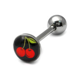 Steel Logo Tongue Bars (8mm Disk) 1.6mm, 14mm, Red Cherries (on Black)