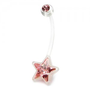 Body-Jewellery-Pregnancy-belly-bars-Light-Pink-star-crystal-gem-PTFE-navel-bars