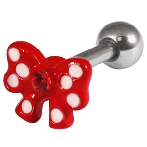 Acrylic Polka Dot Red Bow on Steel Tragus Bar 1.2mm