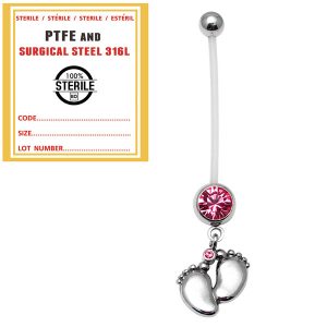 Sterile Pregnancy Belly Bars Baby Feet (PTFE) Pink Gem