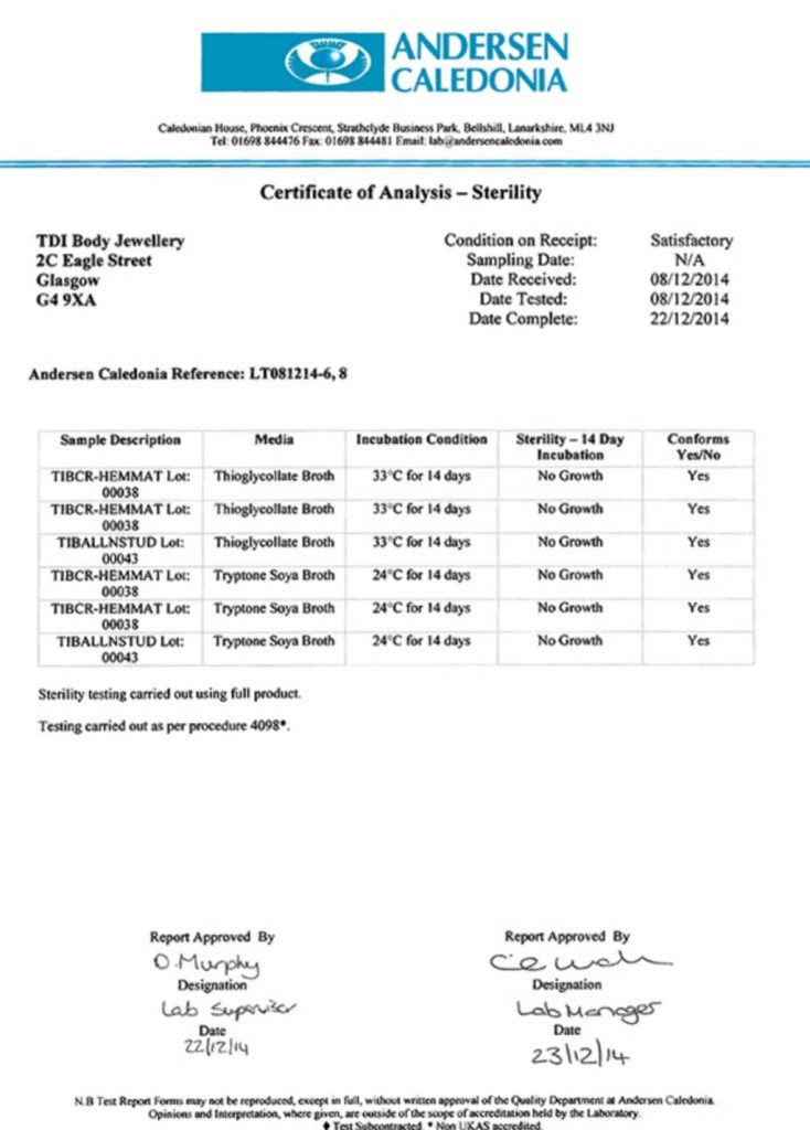 TDi Body Jewellery Ltd Certificate of Sterility Analysis