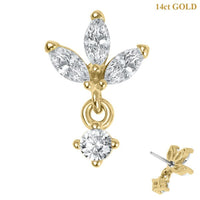 belong 14ct Solid Gold Threadless (Bend fit) Claw Set CZ Carina Marquise Drop Fan