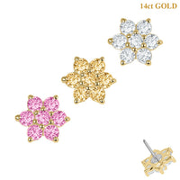 belong 14ct Solid Gold Threadless (Bend fit) Claw Set CZ Jewelled Flower