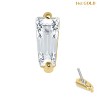 belong 14ct Solid Gold Threadless (Bend fit) CZ Single Jewelled Deco Tapered Baguette