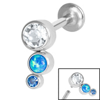 Titanium Internally Threaded Labrets 1.2mm - Infinity Titanium Bezel Set Triple Opal and Jewel Curve