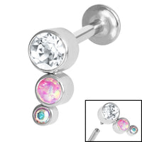 Titanium Internally Threaded Labrets 1.2mm - Infinity Titanium Bezel Set Triple Opal and Jewel Curve