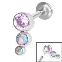 Titanium Internally Threaded Labrets 1.2mm - Infinity Titanium Bezel Set Triple Opal and Jewel Curve
