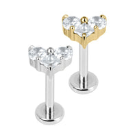 Titanium Internally Threaded Labrets 1.2mm - Claw Set CZ Trio Jewelled Heart