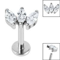 Titanium Internally Threaded Labrets 1.2mm - Titanium Claw Set 3 CZ Jewel Marquise Fan