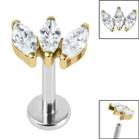 Titanium Internally Threaded Labrets 1.2mm - Gold Titanium Claw Set 3 CZ Jewel Marquise Fan