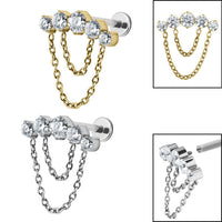 Titanium Internally Threaded Labrets 1.2mm - Titanium Double Chain Floating 5 Jewelled Curve