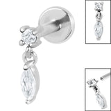 Titanium Internally Threaded Labrets 1.2mm - Steel Solitaire with Marquise Drop Gem