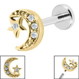 Titanium Internally Threaded Labrets 1.2mm - Gold Steel Jewelled Half Moon and Star