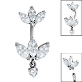 Belly Bar - Steel Internal Thread Claw Set 3 Jewelled Double Marquise Fan