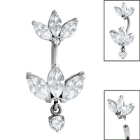 Belly Bar - Steel Internal Thread Claw Set 3 Jewelled Double Marquise Fan