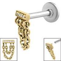 Titanium Internally Threaded Labrets 1.2mm - Steel 5 Jewelled Double Loop Chain Drop