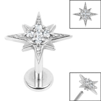 Titanium Internally Threaded Labrets 1.2mm - Steel Large Jewelled 8 Point Star