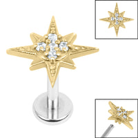 Titanium Internally Threaded Labrets 1.2mm - Steel Large Jewelled 8 Point Star