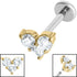 Titanium Internally Threaded Labrets 1.2mm - Steel Claw Set CZ Trio Jewelled Heart