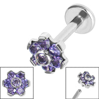 Titanium Internally Threaded Labrets 1.2mm - Titanium Claw Set CZ 7 Jewelled Flower