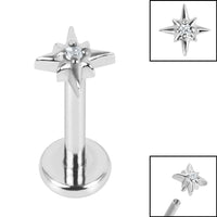 Titanium Internally Threaded Labrets 1.2mm - Steel Jewelled 8 Point Star