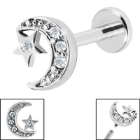 Titanium Internally Threaded Labrets 1.2mm - Steel Jewelled Half Moon and Star