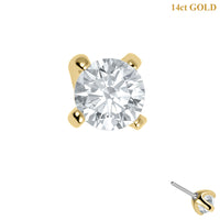 Zura 14ct Solid Gold Threadless (Bend fit) Claw Set Round CZ Jewel 2.5mm