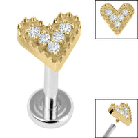 Titanium Internally Threaded Labrets 1.2mm - Titanium Textured Jewelled Heart