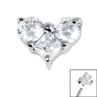 Titanium Claw Set CZ Trio Jewelled Heart for Internal Thread shafts in 1.2mm
